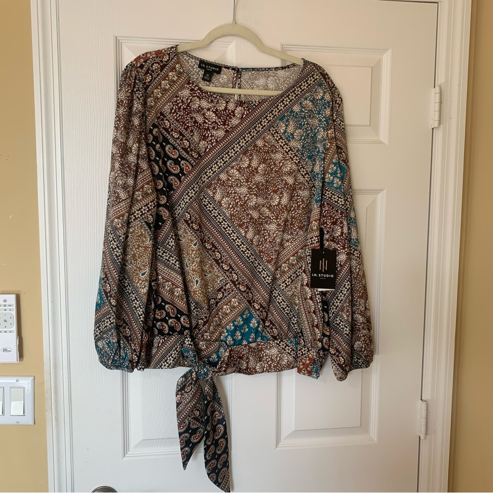 I.N. Studio Multicolor Long Sleeve Patterned Blou… - image 2